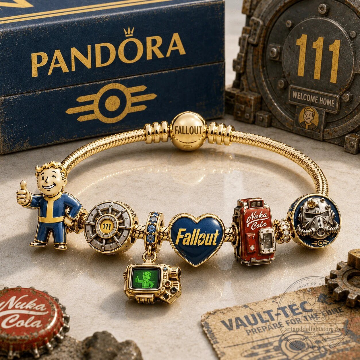 Fallout Pandora Gold Charm Bracelet Set with Vault Boy and Nuka Cola Charms