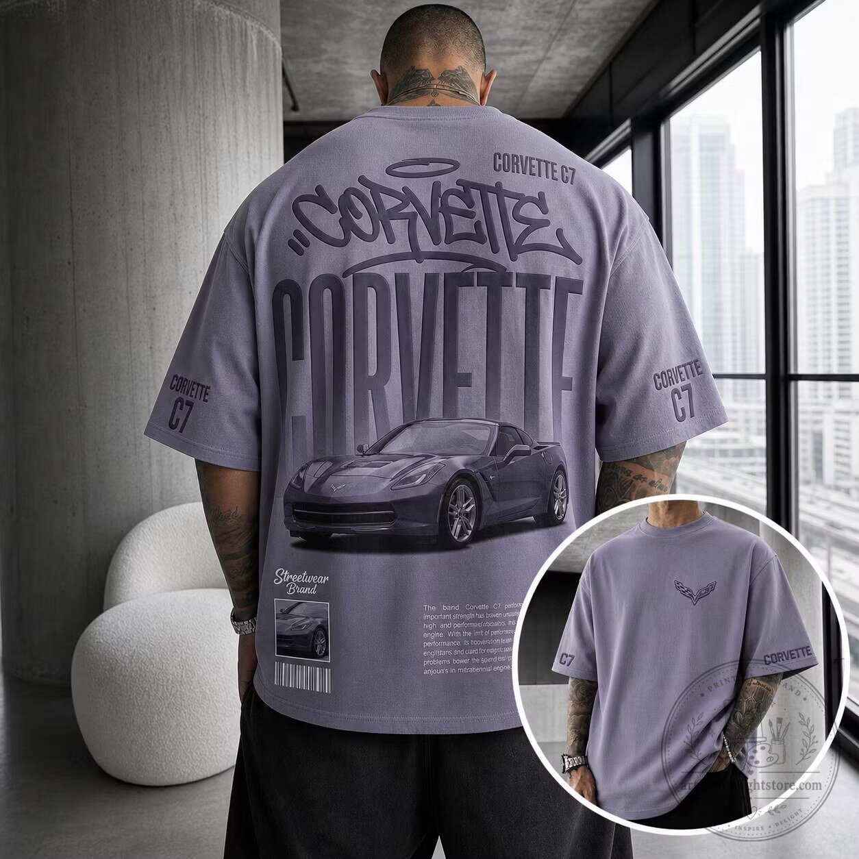 Corvette C7 Sports Car Graphic Oversized T-Shirt, Streetwear Style
