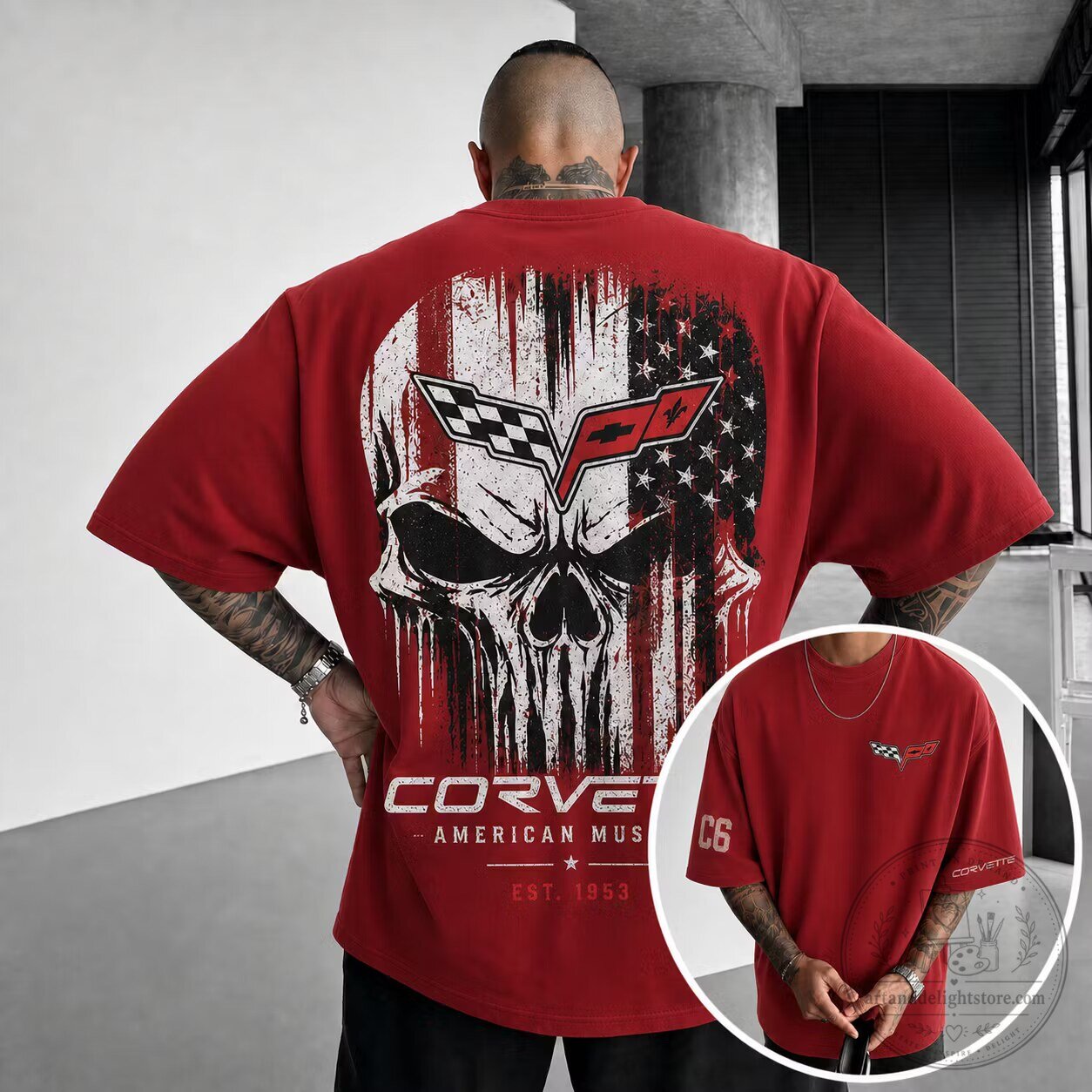 Corvette American Muscle Skull and Flag Graphic Red T-Shirt