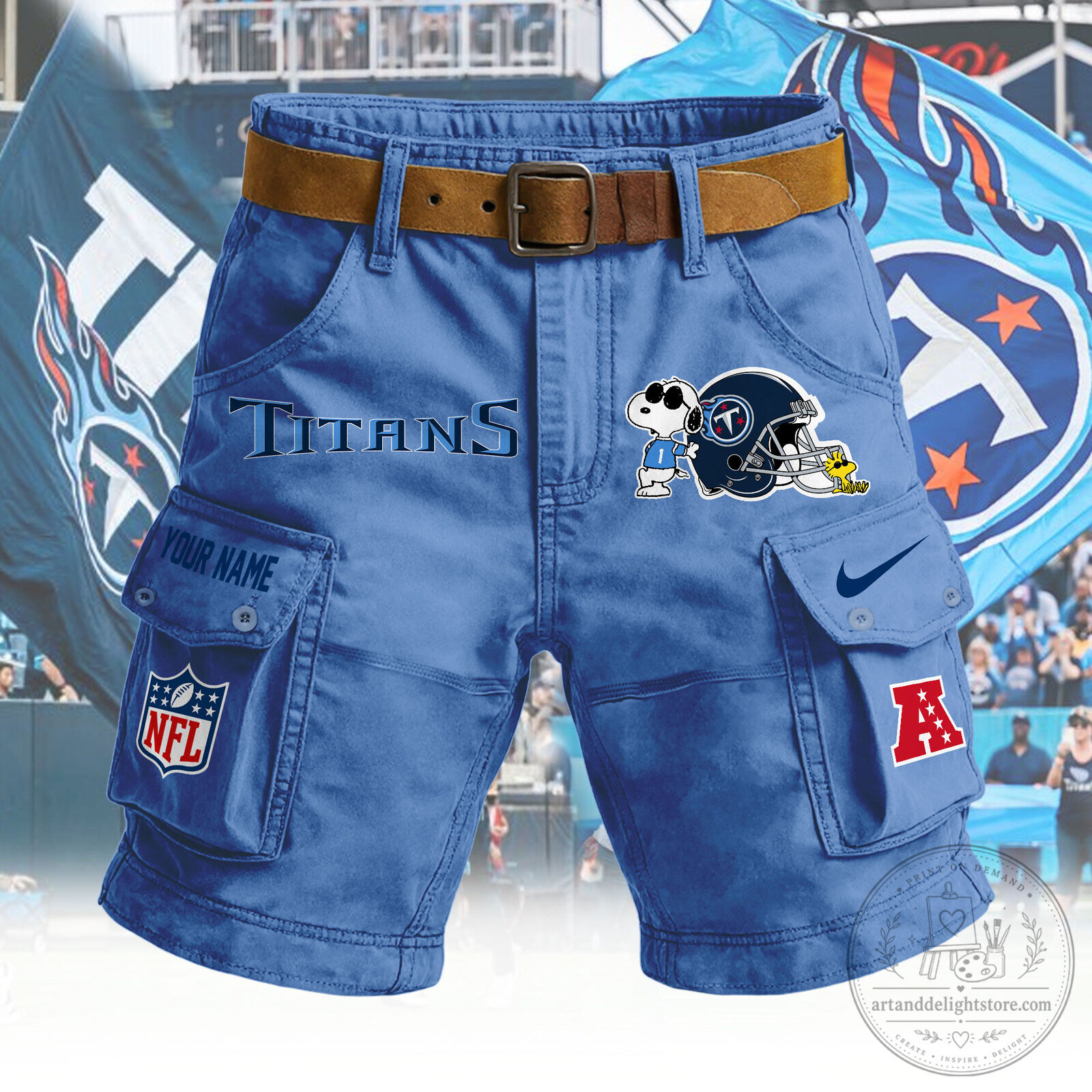 Tennessee Titans Snoopy Football Helmet Personalized Blue Cargo Shorts