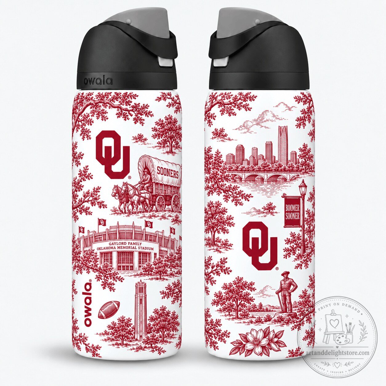 Oklahoma Sooners Football Team Toile Pattern Insulated Water Bottle