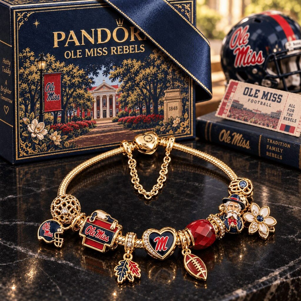 Ole Miss Rebels Football Gold Charm Bracelet with Heart and Helmet Charms Ole Miss Rebels Football Gold Charm Bracelet with Heart and Helmet Charms