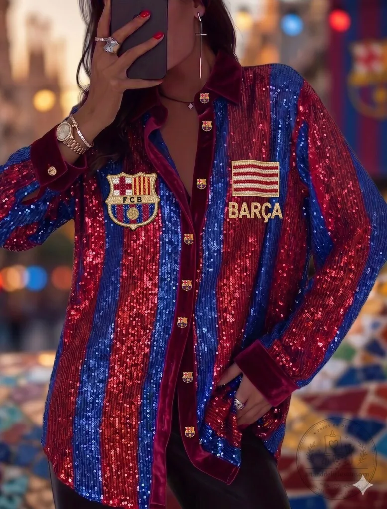 FC Barcelona Sequin Striped Long Sleeve Button Down Shirt