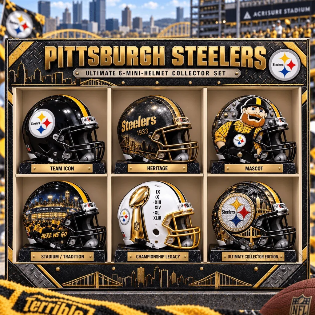 Pittsburgh Steelers Ultimate 6-Mini Helmet Collector Set Display Pittsburgh Steelers Ultimate 6-Mini Helmet Collector Set Display