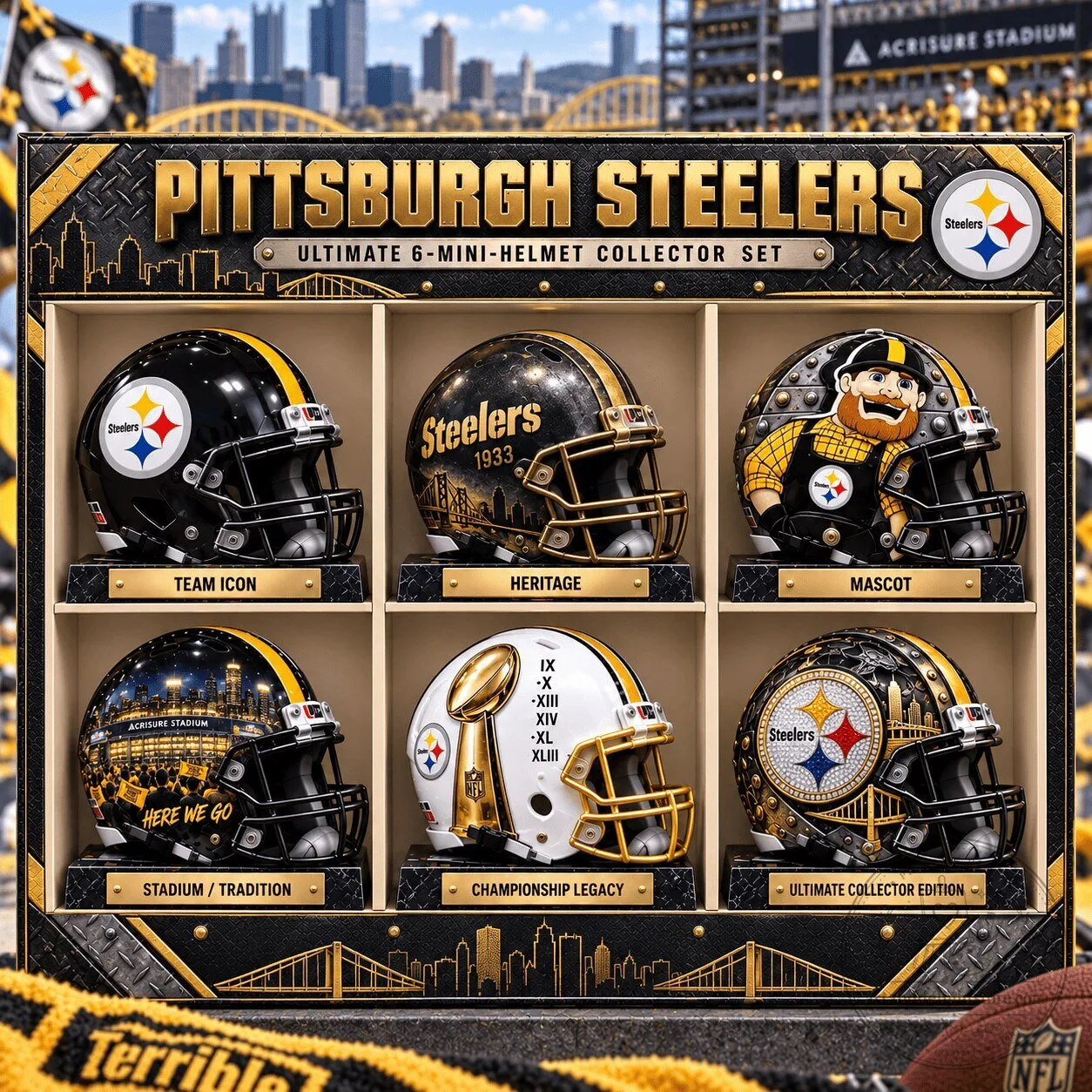 Pittsburgh Steelers Ultimate 6-Mini Helmet Collector Set Display