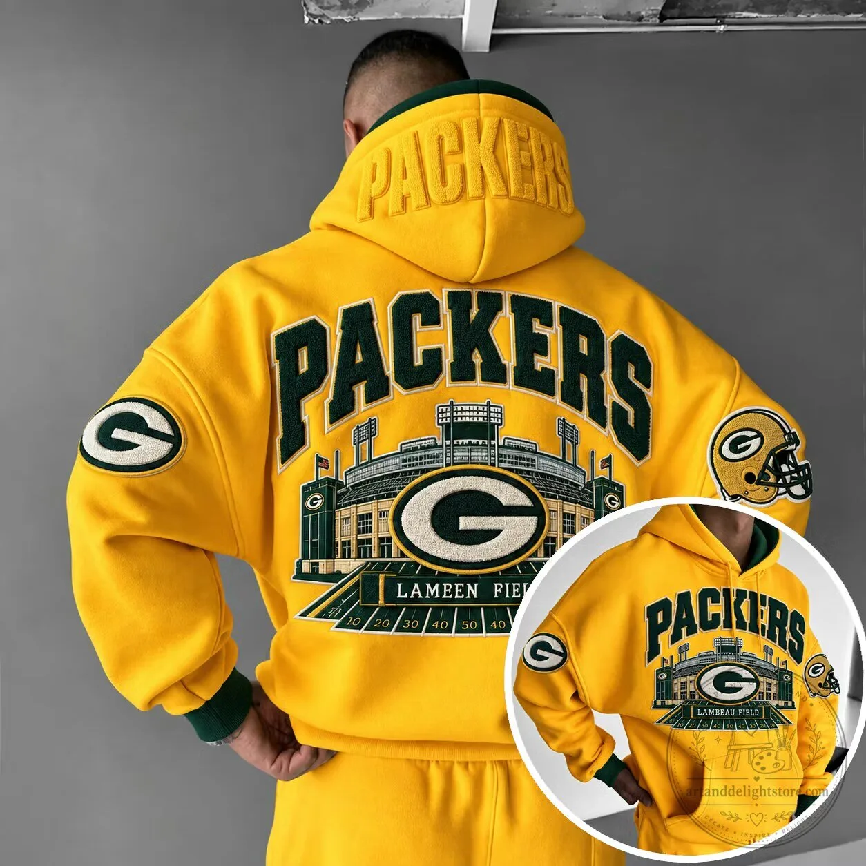 Green Bay Packers Lambeau Field Stadium Embroidered Yellow Hoodie