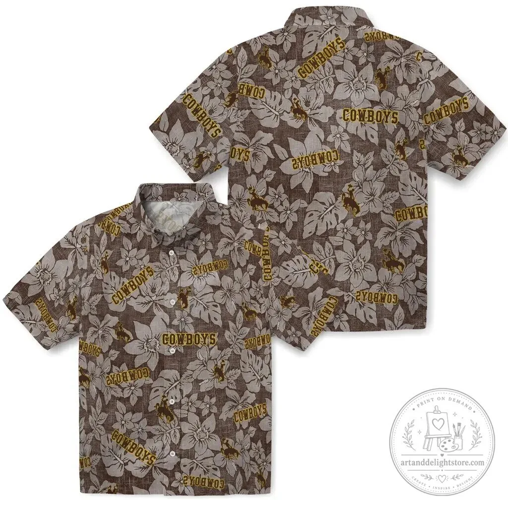 Wyoming Cowboys Hawaii Tropical Floral Pattern Brown Hawaiian Shirt