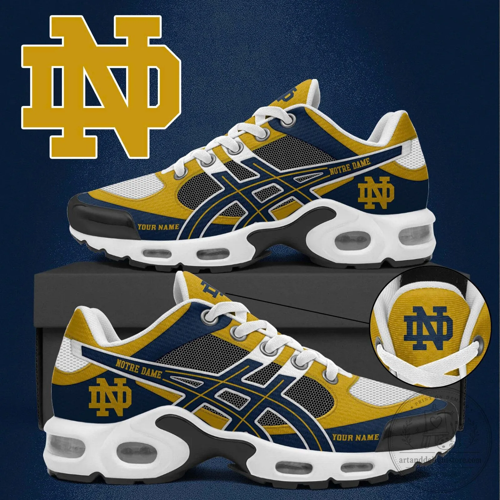 Air Max Plus Sneakers with Custom Name for Notre Dame Fighting Irish Fans