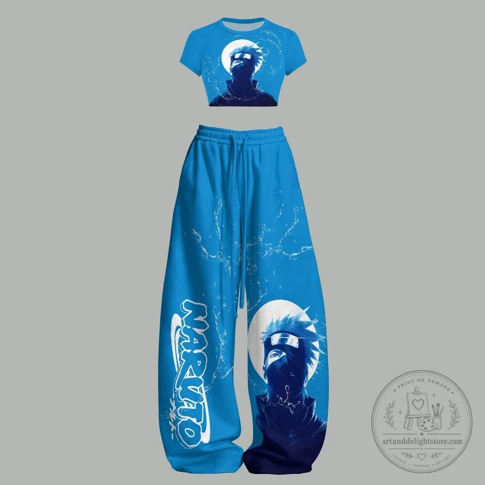 Naruto Kakashi Hatake Anime Character Crop Top and Wide Leg Sweatpants Set