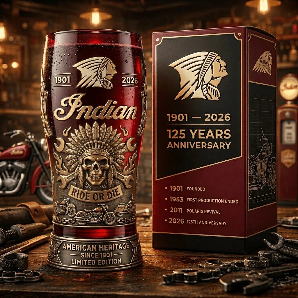 American Heritage Drinking Glass for Indian Motorcycle 125th Anniversary Ride or Die