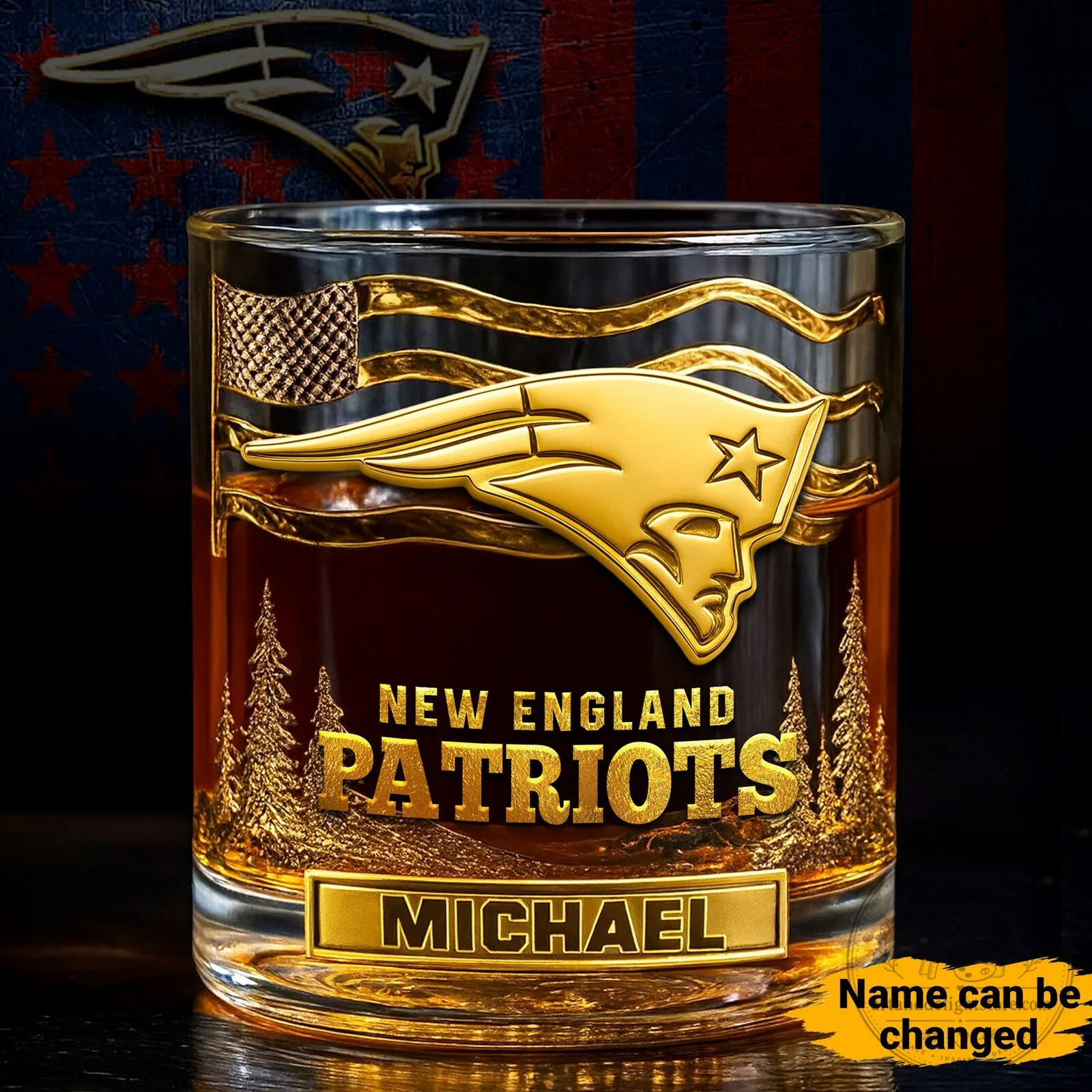 New England Patriots Personalized Gold Logo Whiskey Glass