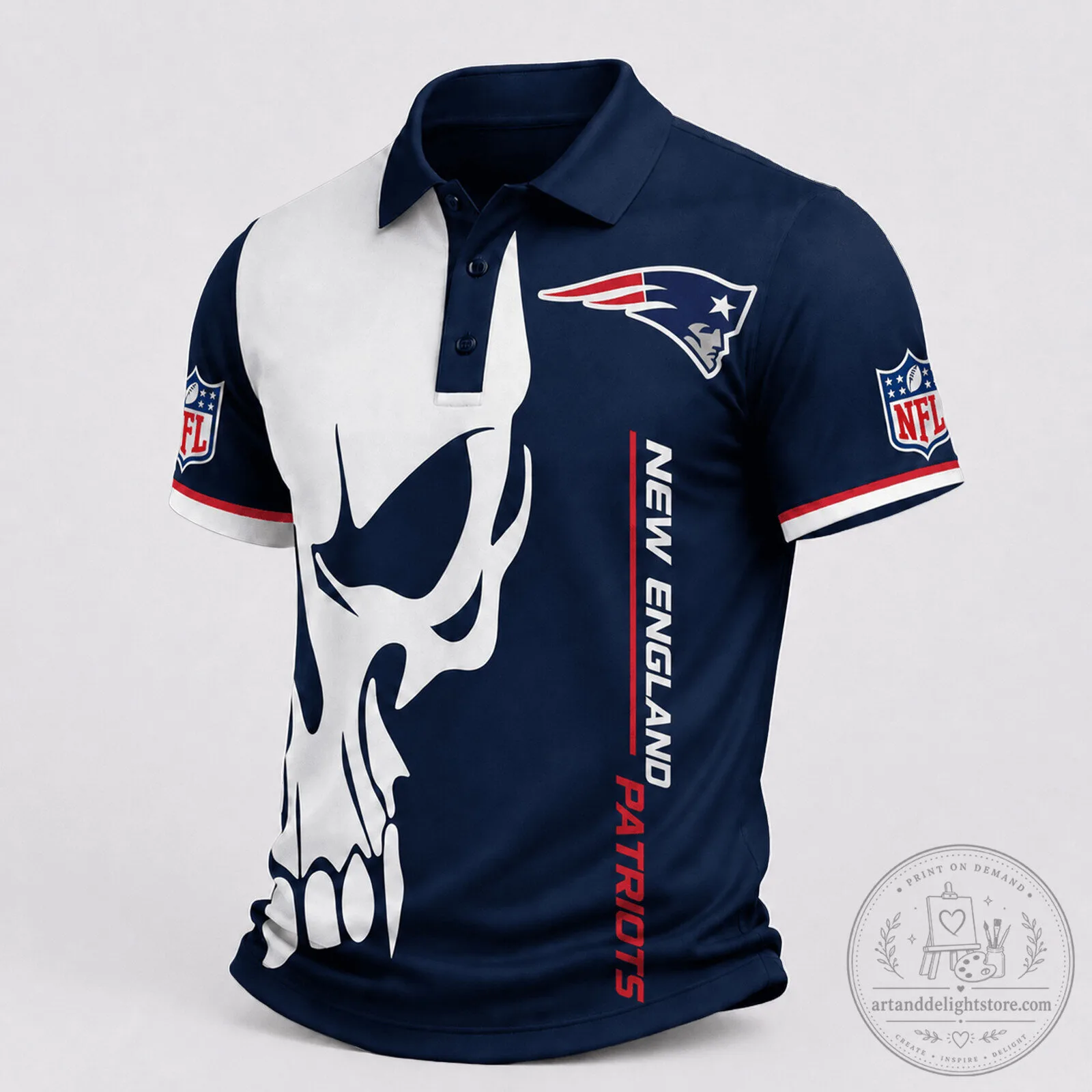 New England Patriots Skull Design NFL Football Team Fan Polo Shirt