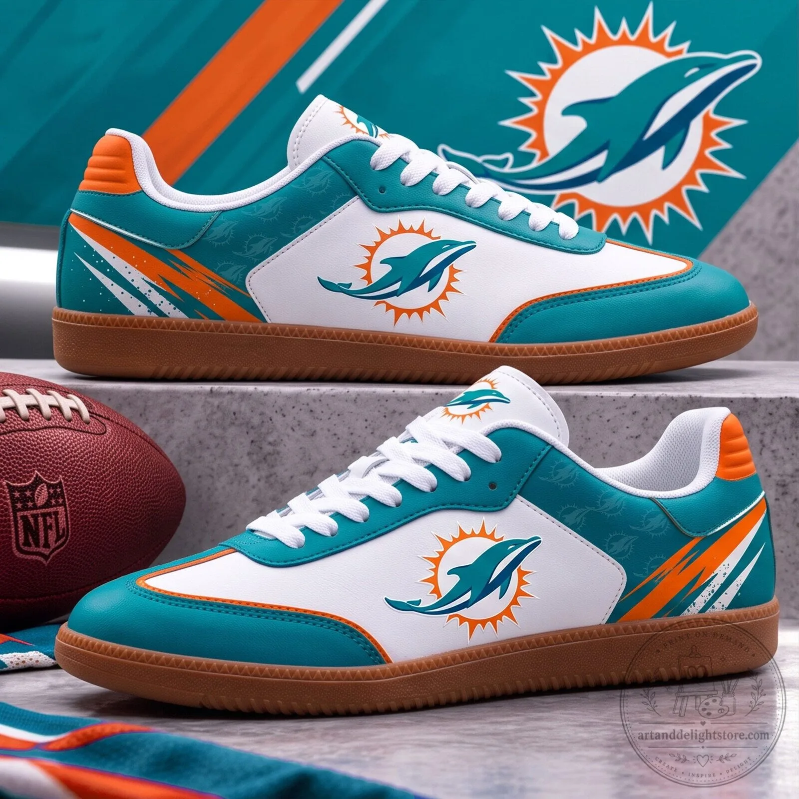 Miami Dolphins NFL Team Logo White and Aqua Blue Casual Shoes
