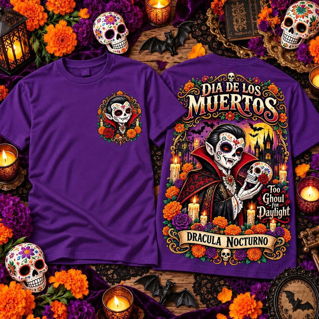 Dia De Los Muertos Dracula Nocturno Vampire Sugar Skull Halloween T-Shirt