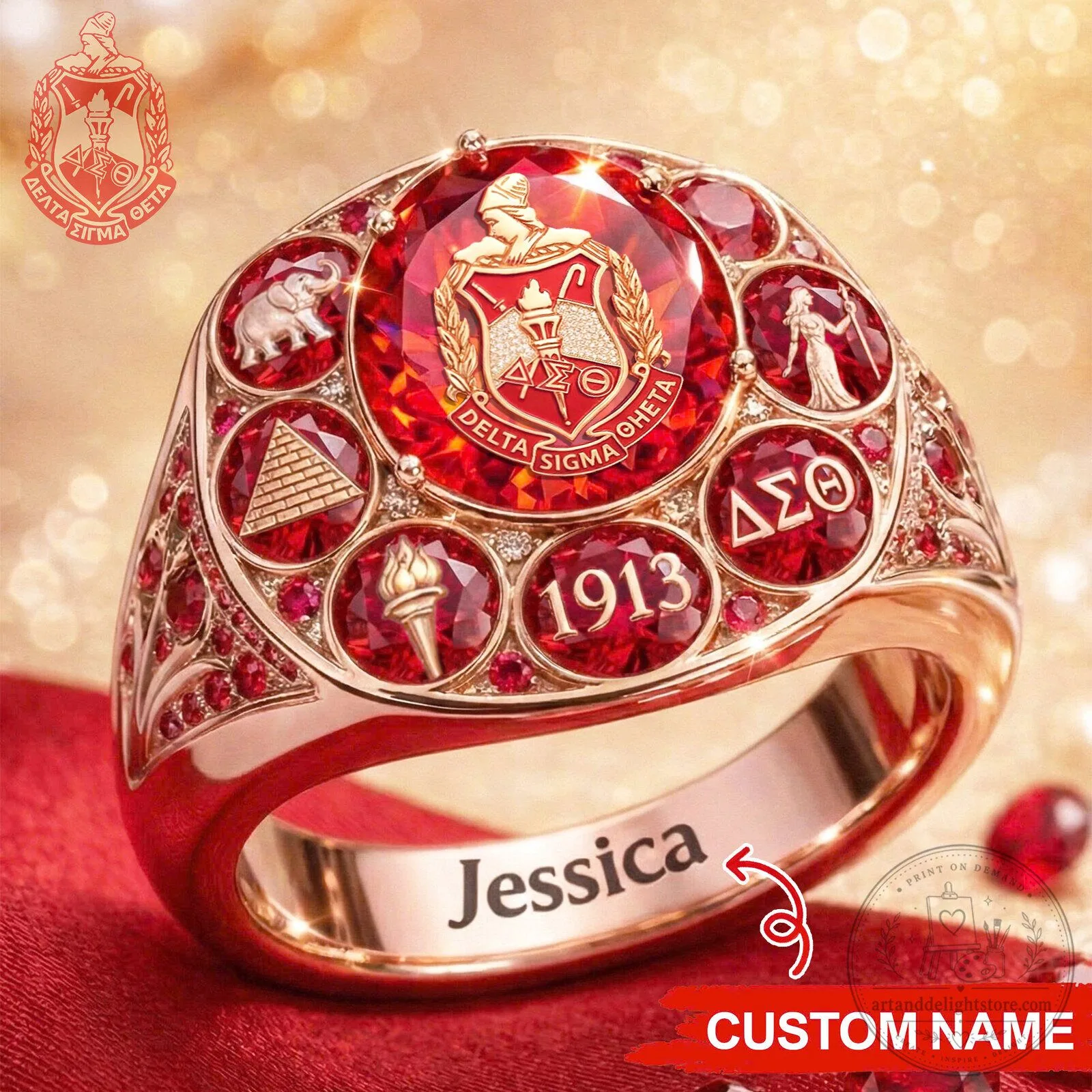 Delta Sigma Theta Sorority Custom Name Red Gemstone Ring