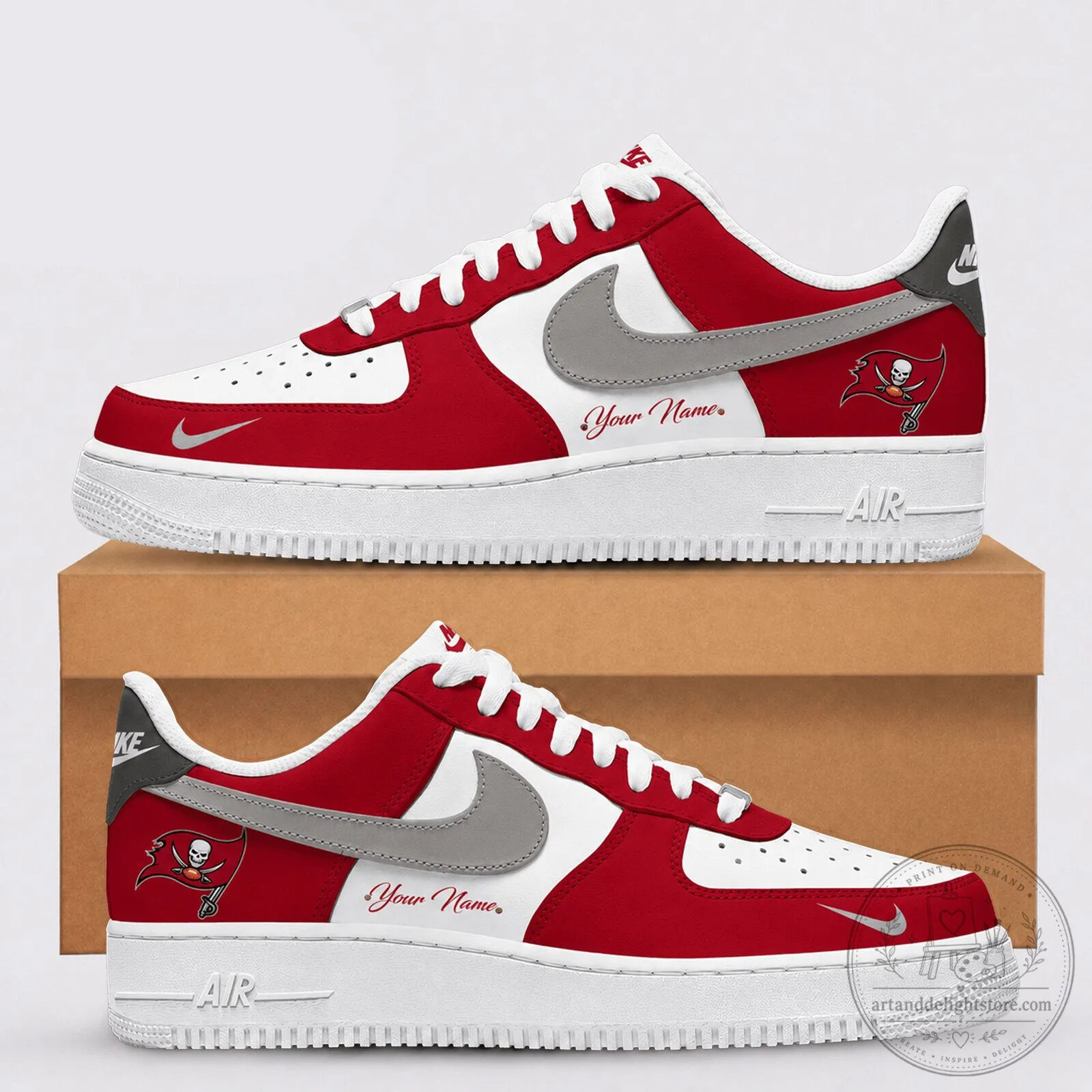 Tampa Bay Buccaneers Personalized Red and White Athletic Sneakers