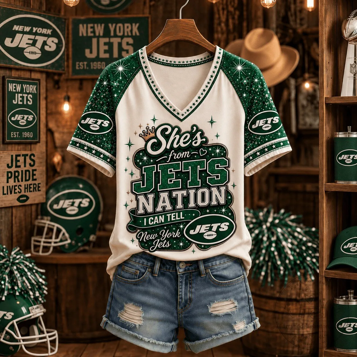 New York Jets NFL Fan Gift She's From Jets Nation V-Neck T-Shirt 1 New York Jets NFL Fan Gift She