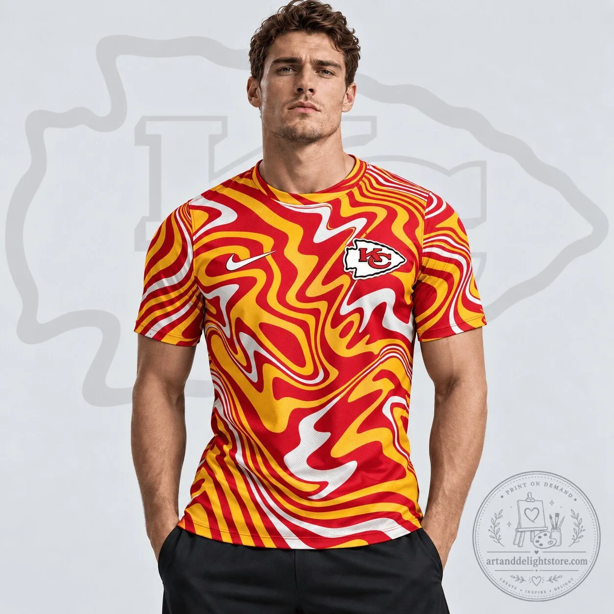 Kansas City Chiefs Abstract Wave Red and Yellow Swirl Pattern Short Sleeve T-Shirt