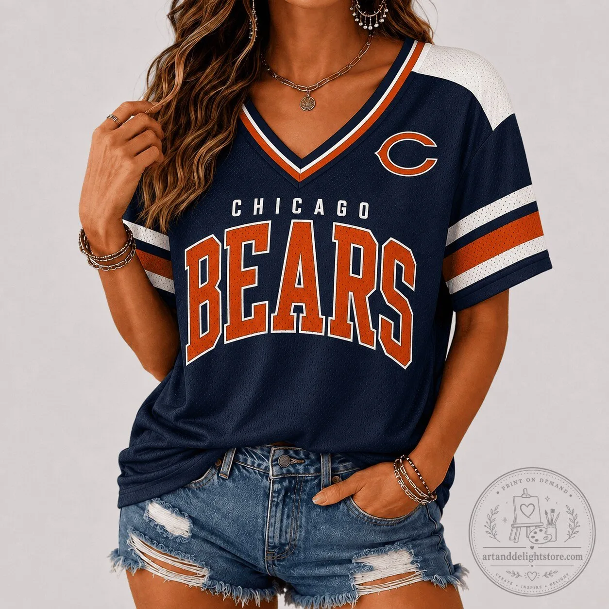 Chicago Bears Shirt Women's Premium Retro Varsity V-Neck Game Day T-Shirt