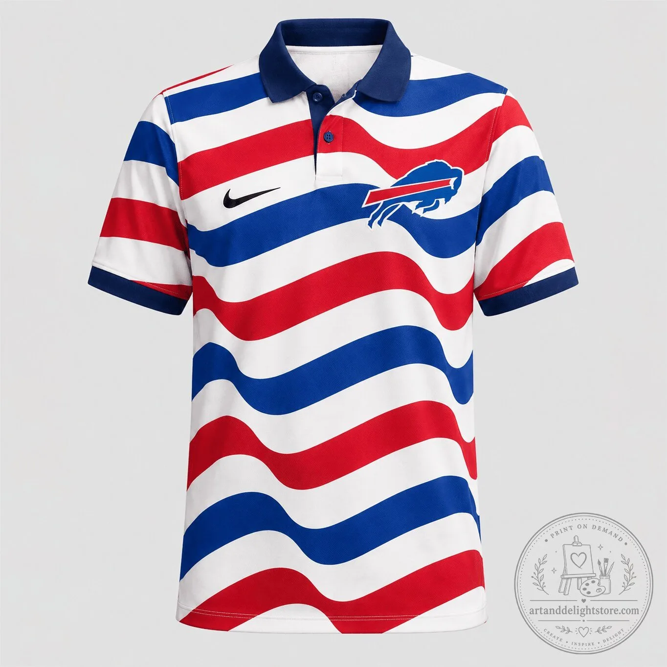 Buffalo Bills Red White and Blue Wavy Stripe Athletic Polo Shirt