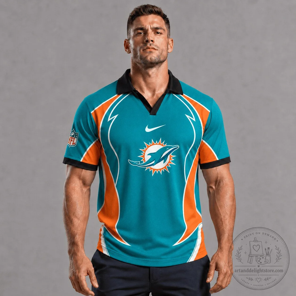 Miami Dolphins NFL Football Team Logo Aqua Orange Polo Shirt