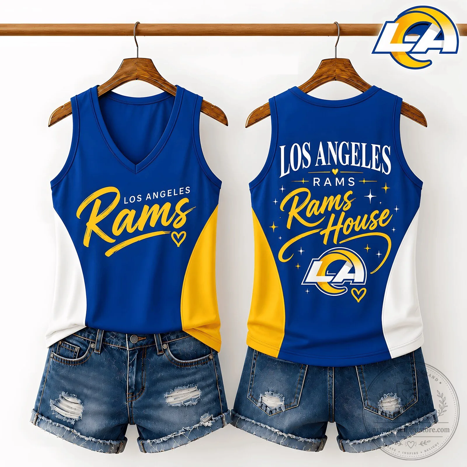 Los Angeles Rams Women's V-Neck Royal Blue and Gold Tank Top