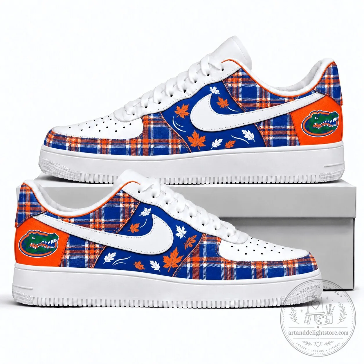 Florida Gators Fall Season Plaid Pattern White Sneakers
