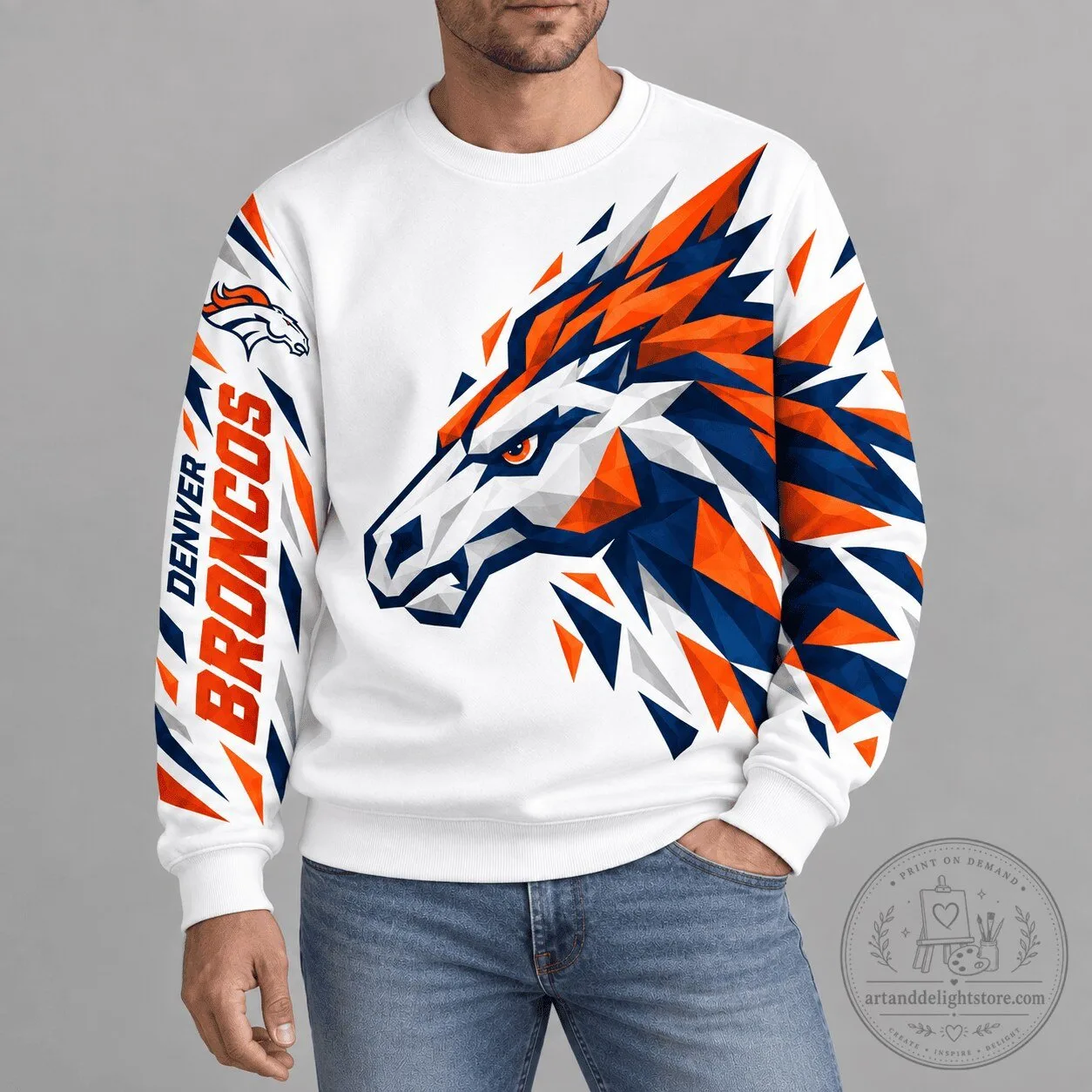 Denver Broncos National Football League Team Polygonal Mascot White Sweatshirt