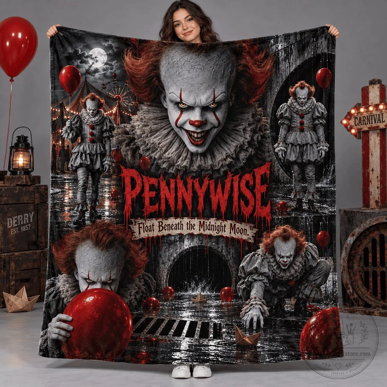 Fleece Blanket Featuring Pennywise Clown Portrait with Red Balloons from Horror Film