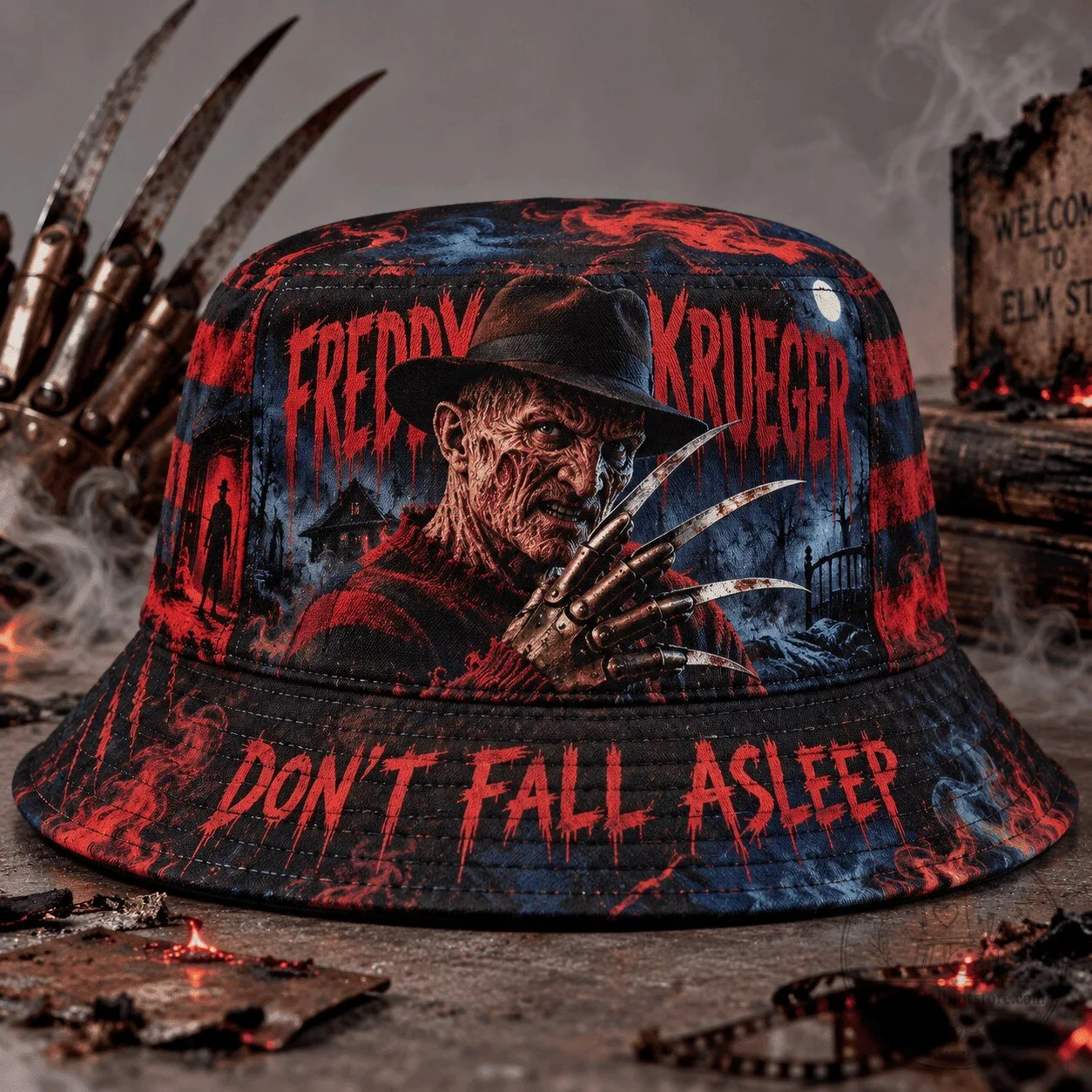 Graphic Bucket Hat featuring Freddy Krueger from Don't Fall Asleep Horror Film