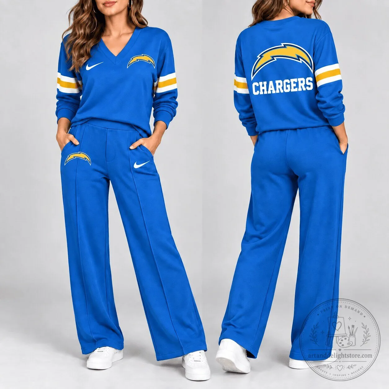 Los Angeles Chargers Women's Royal Blue V-Neck Long Sleeve Sweatshirt and Pants Set