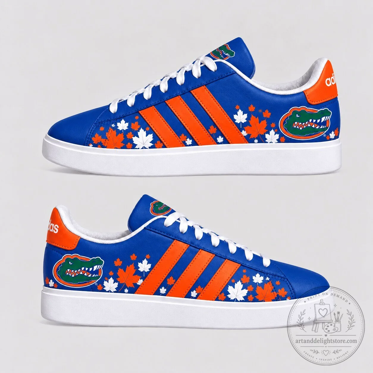 Florida Gators Fall Season Maple Leaf Pattern Blue and Orange Sneakers