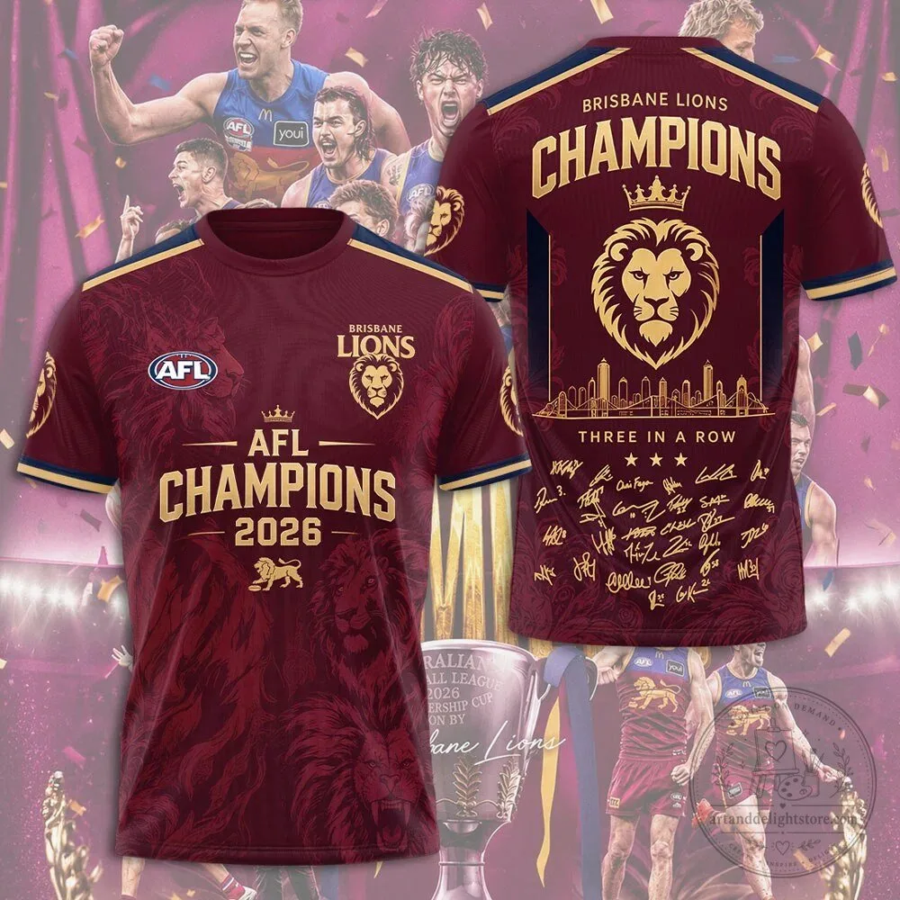 Brisbane Lions Australian Football League Champions 2026 Three In A Row Fan Apparel T-Shirt 1 Brisbane Lions Australian Football League Champions 2026 Three In A Row Fan Apparel T-Shirt