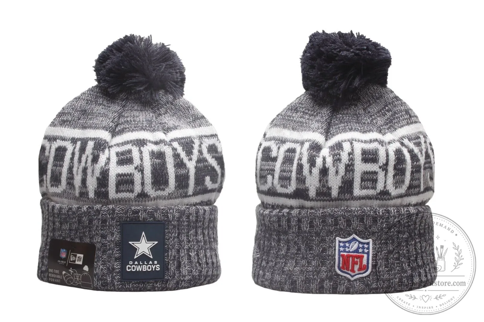 Dallas Cowboys Knit Pom Beanie Hat with Rubber Patch Logo