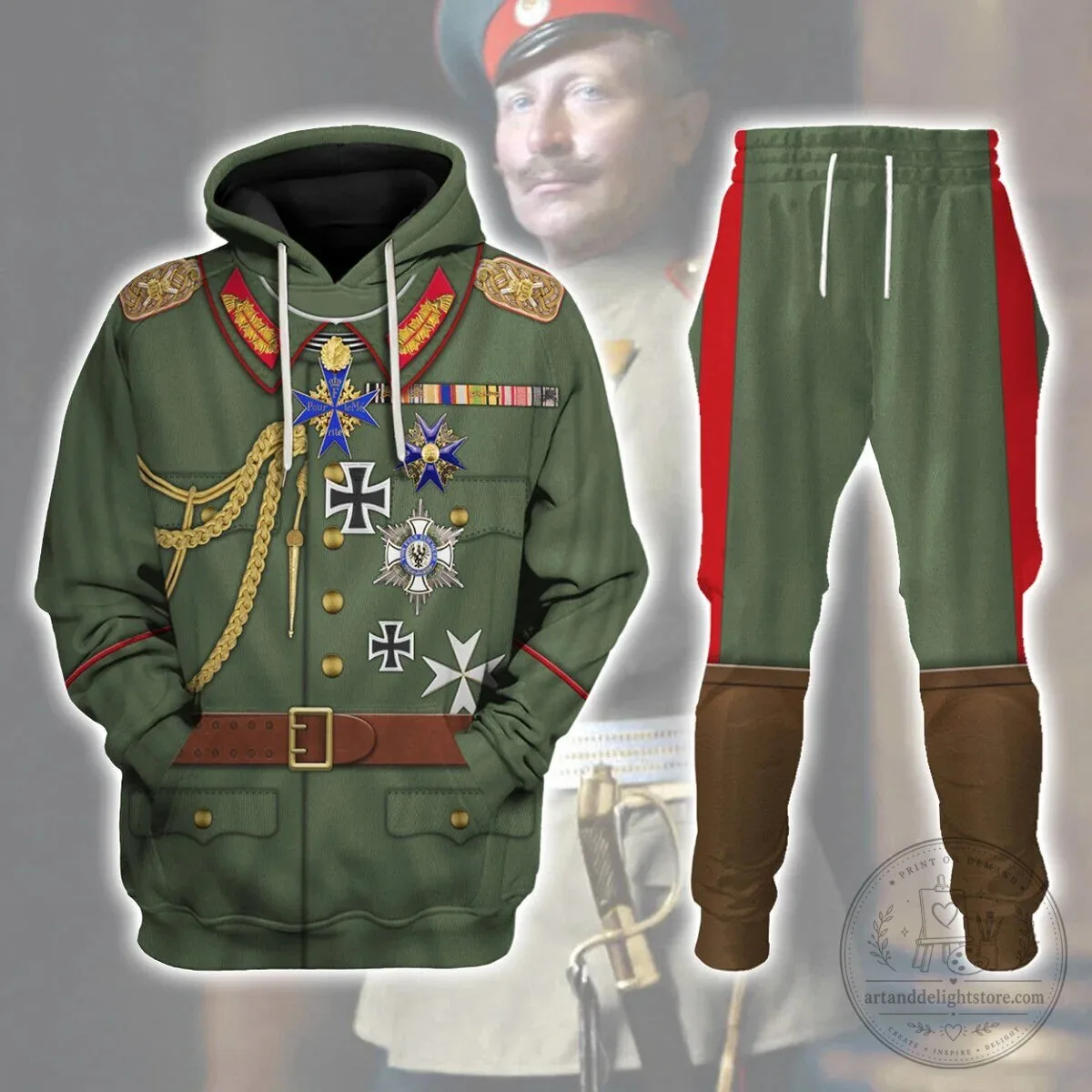 Wilhelm II German Emperor Military Uniform Historical Cosplay Hoodie and Pants Set