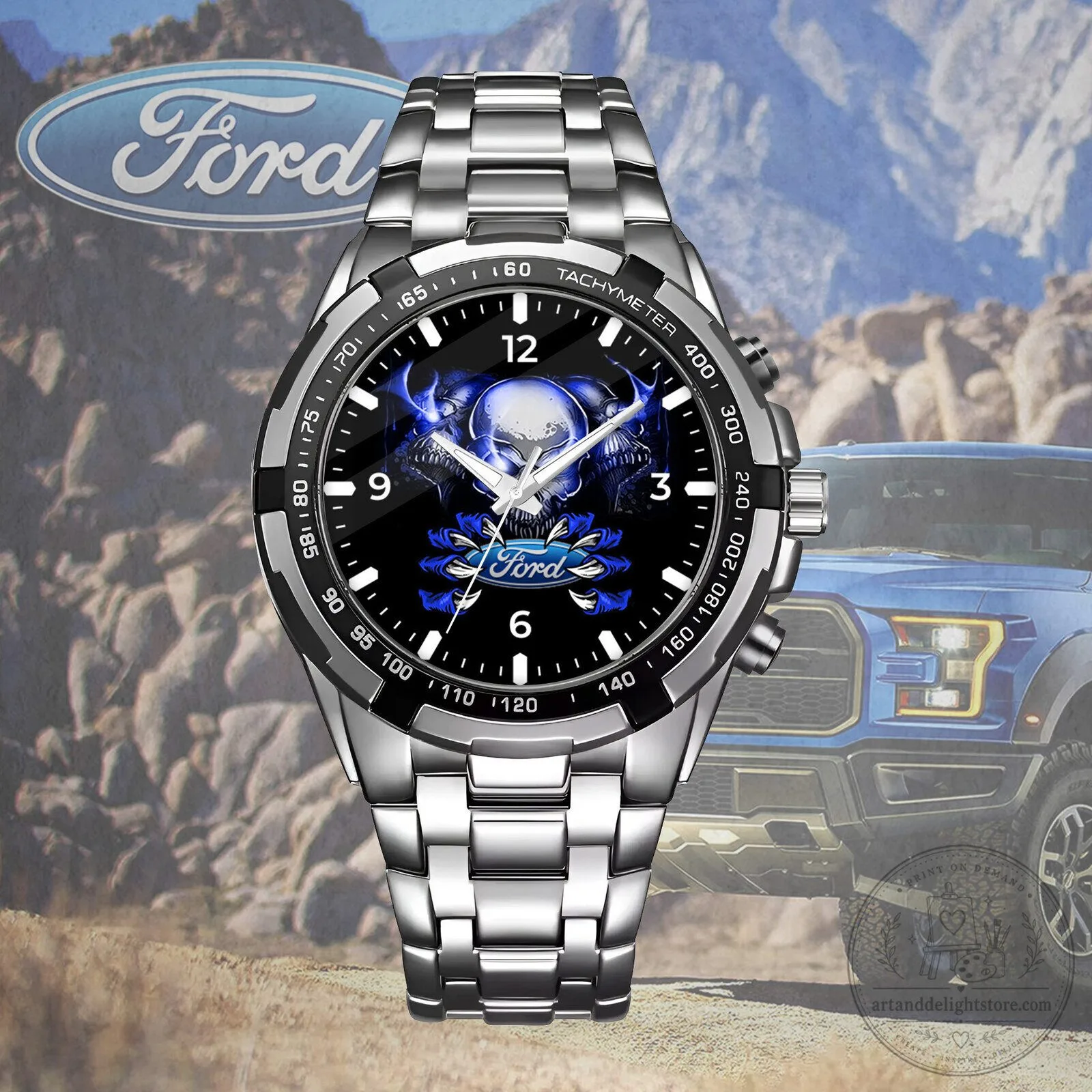 Ford Blue Skull Logo Stainless Steel Quartz Watch