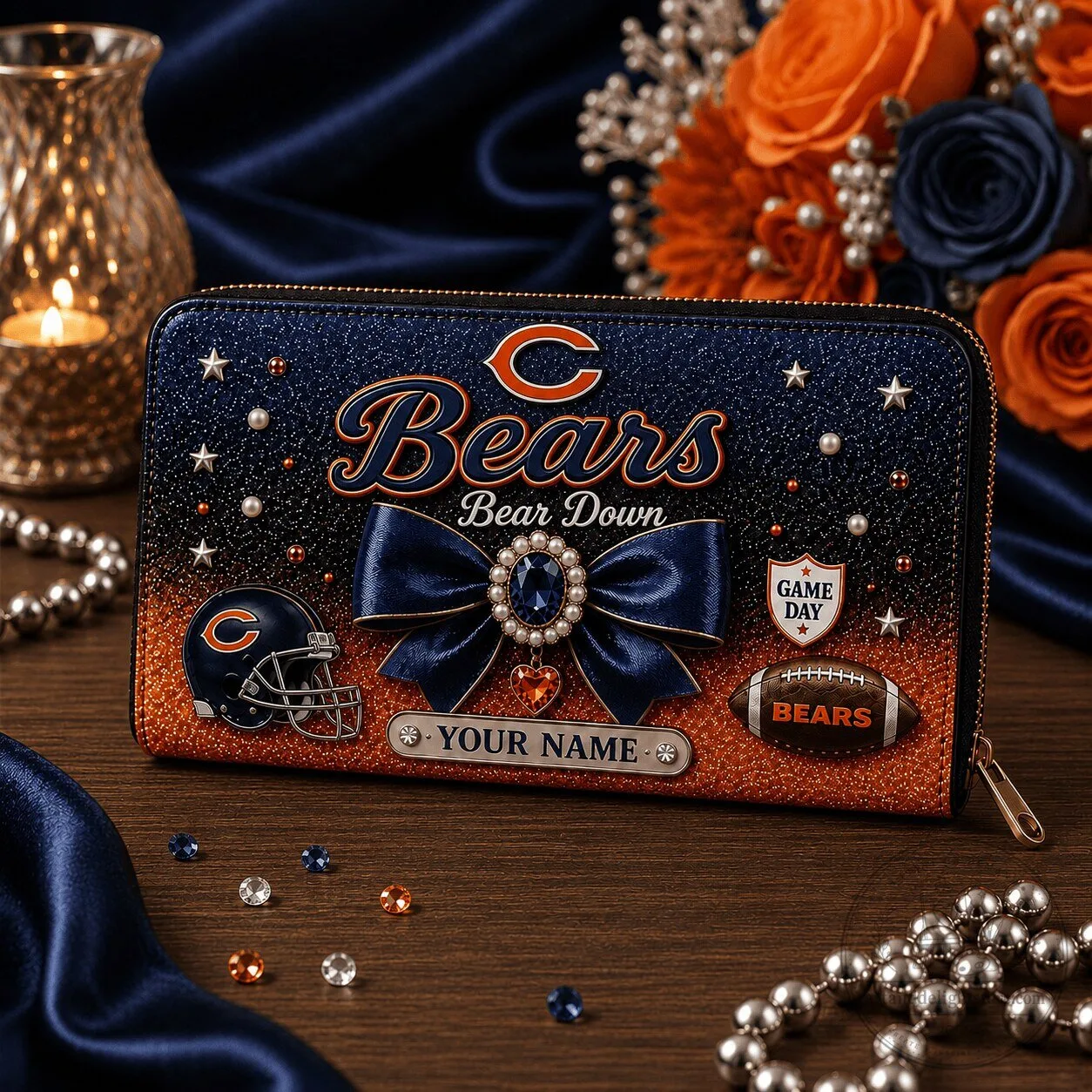 Chicago Bears Football Team Personalized Glitter Long Wallet for Women