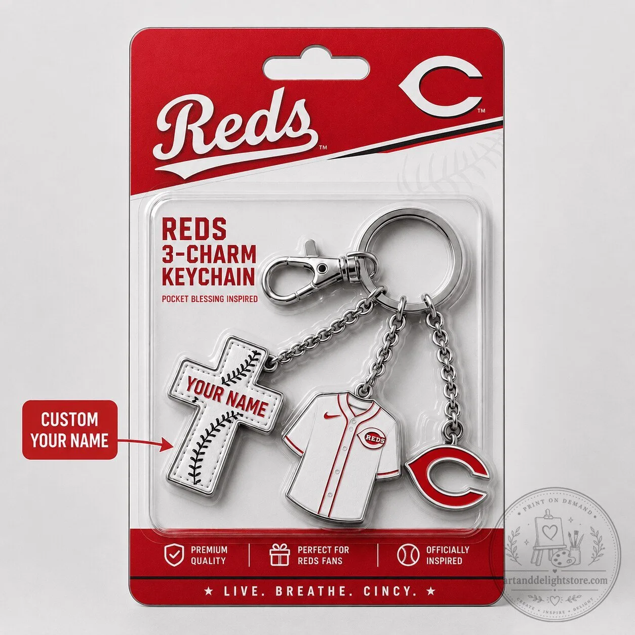 Cincinnati Reds Baseball Team Custom Name 3-Charm Keychain for Fans