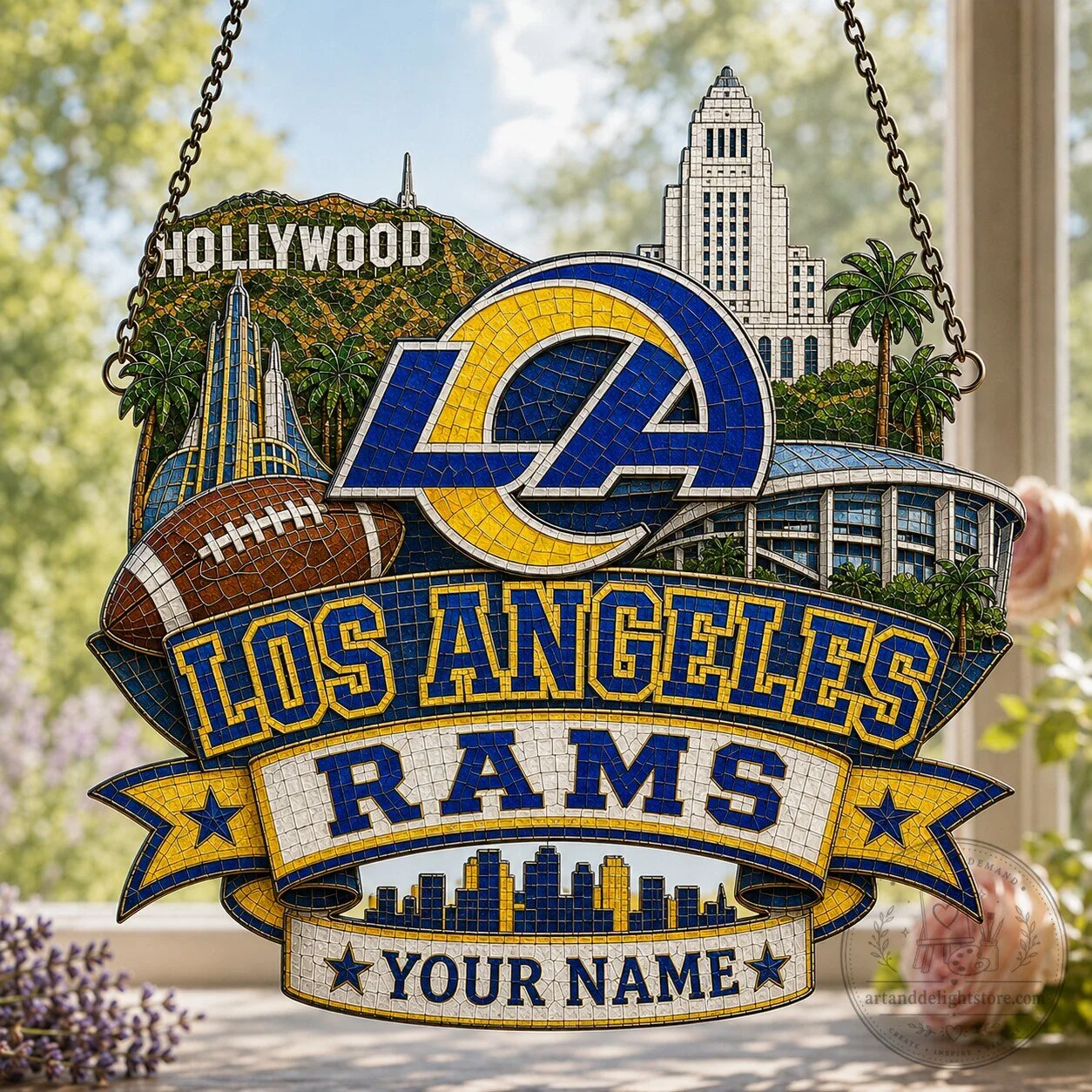 Los Angeles Rams Mosaic Stained Glass Suncatcher Window Hanging Decoration