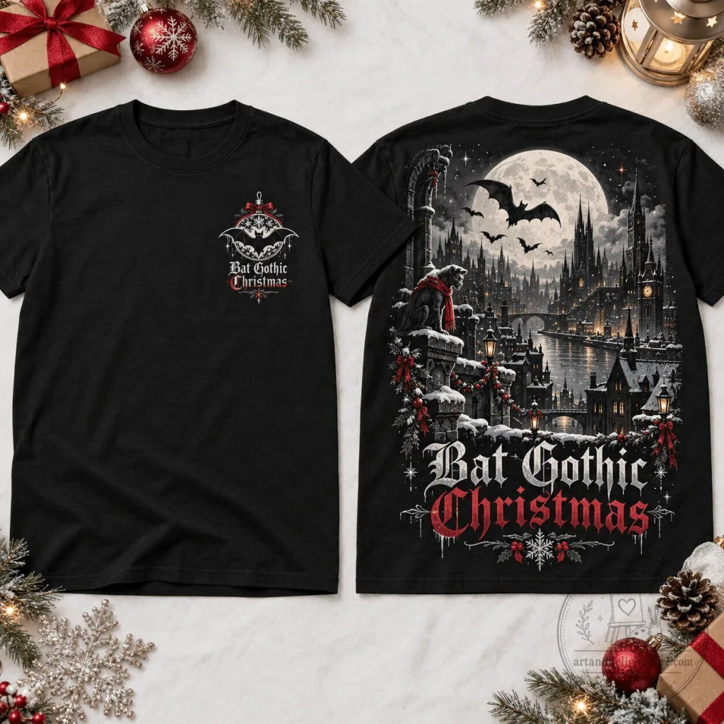 Bat Gothic Christmas Full Moon Winter Scene Black T-Shirt Bat Gothic Christmas Full Moon Winter Scene Black T-Shirt