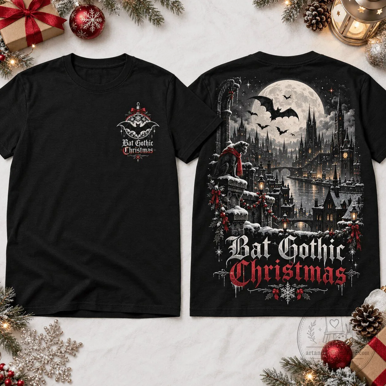 Bat Gothic Christmas Full Moon Winter Scene Black T-Shirt 1 Bat Gothic Christmas Full Moon Winter Scene Black T-Shirt