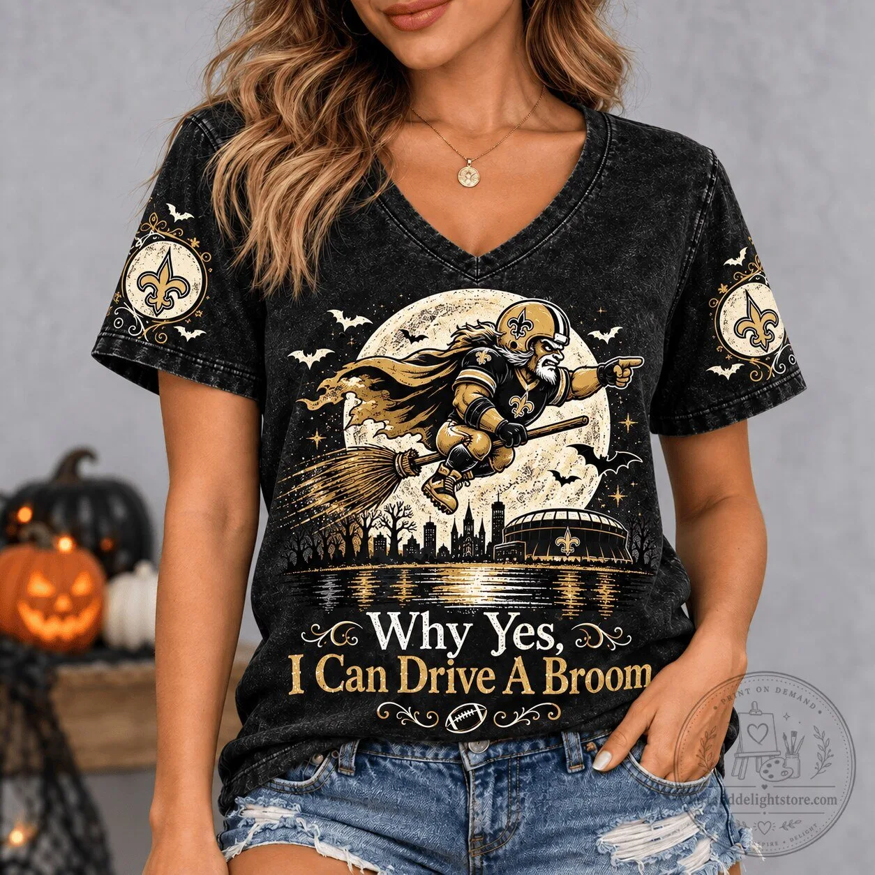 New Orleans Saints Halloween Witch I Can Drive A Broom V-Neck T-Shirt