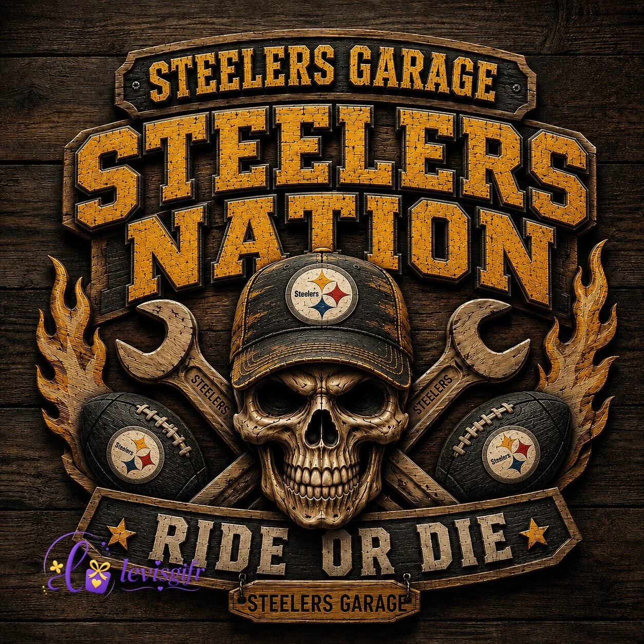 Pittsburgh Steelers Football Nation Ride Or Die Skull Garage Wooden Sign