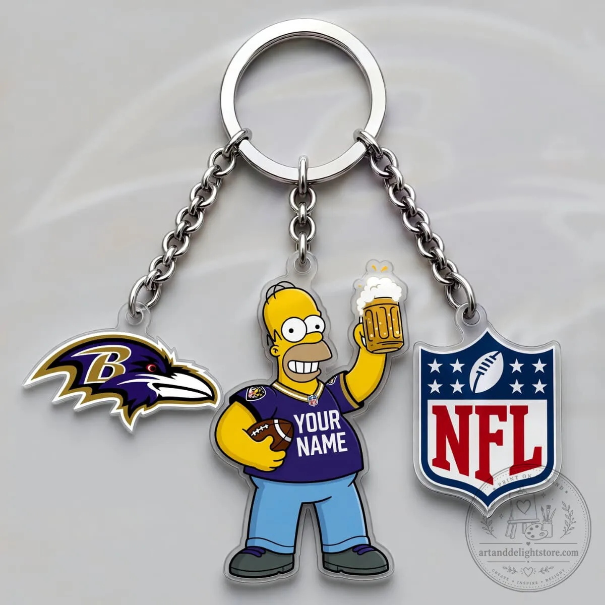 Baltimore Ravens Homer Simpson NFL Triple Charm Personalized Keychain