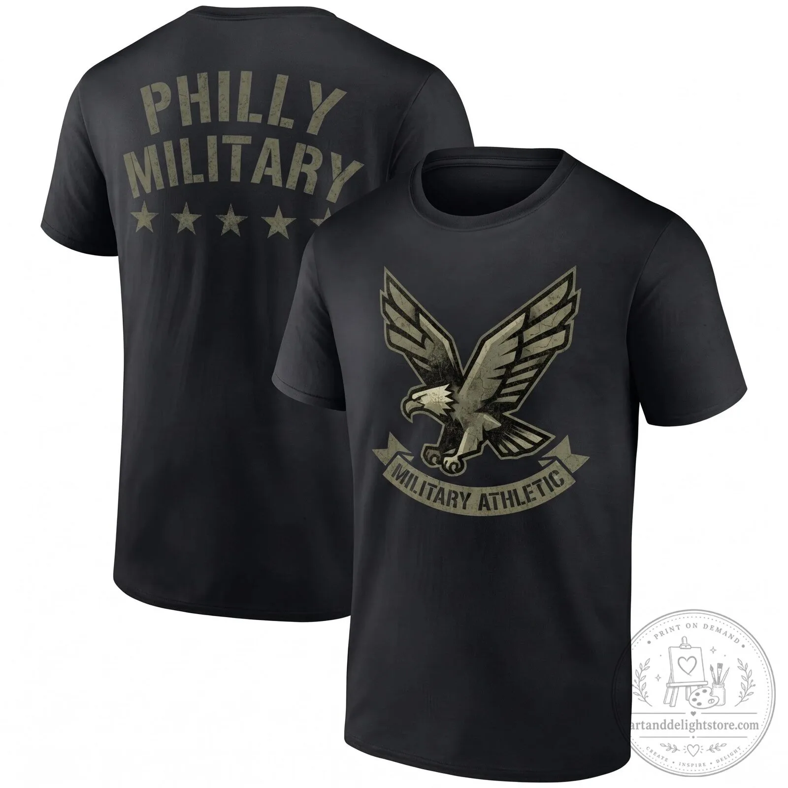 Black T-Shirt Saluting Service by Philadelphia Military Athletic with Eagle Design