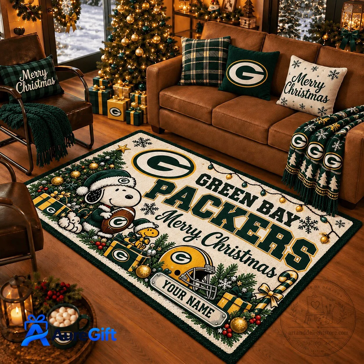 Green Bay Packers Snoopy Merry Christmas Personalized Football Fan Area Rug
