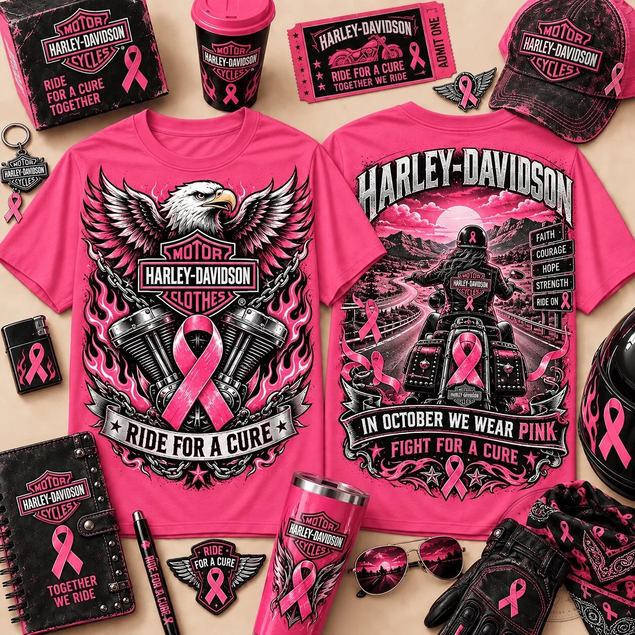 Harley-Davidson Pink Ribbon Ride For A Cure Breast Cancer Awareness T-Shirt