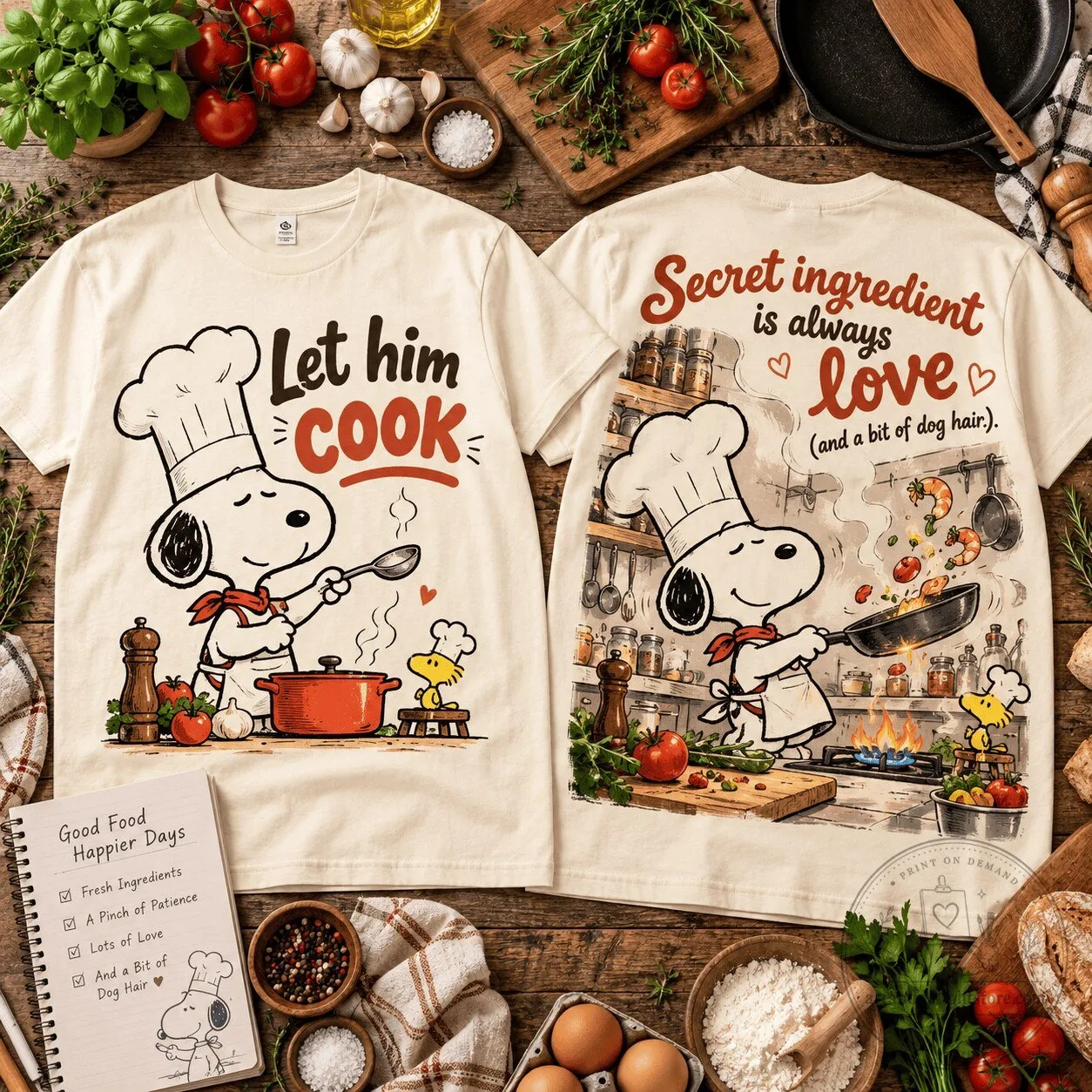 Snoopy Let Him Cook Secret Ingredient Is Love And Dog Hair T-Shirt