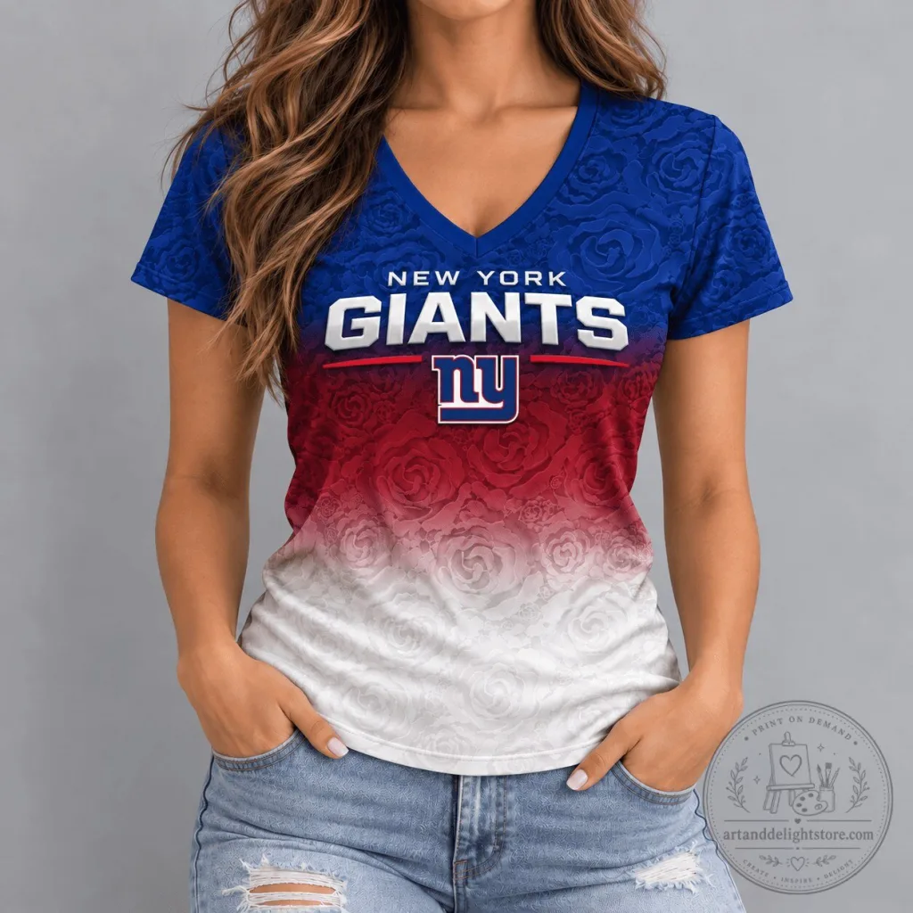New York Giants NFL Football Team Rose Ombre V-Neck T-Shirt New York Giants NFL Football Team Rose Ombre V-Neck T-Shirt