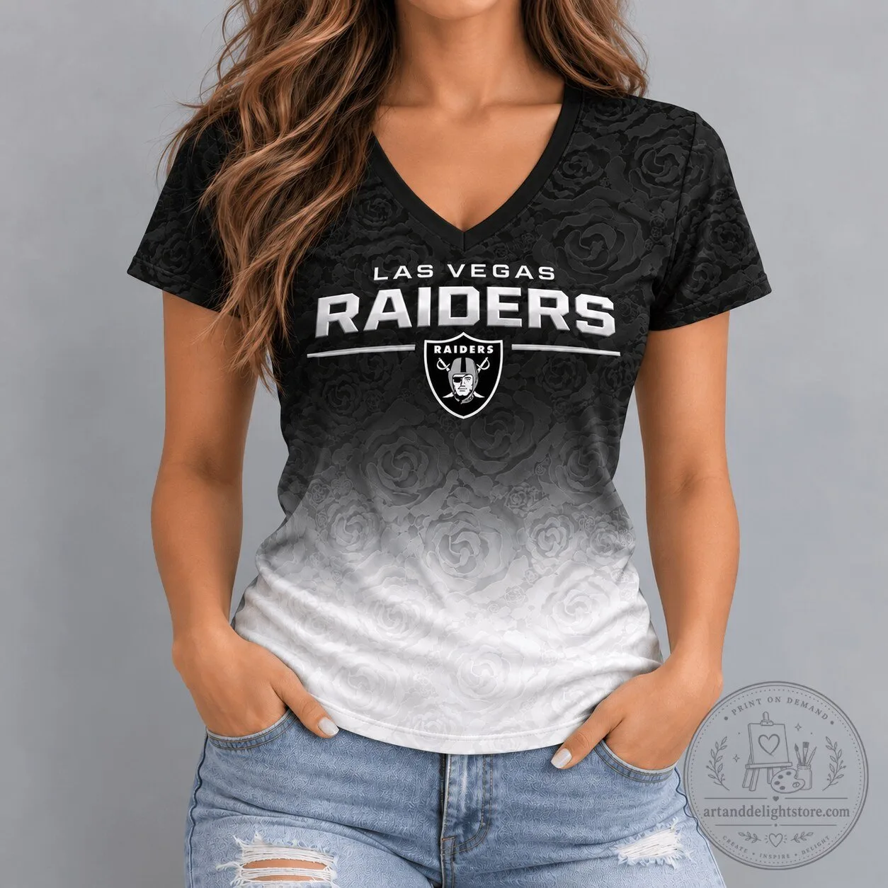 Las Vegas Raiders NFL Embossed Rose Ombre Women's V-Neck T-Shirt